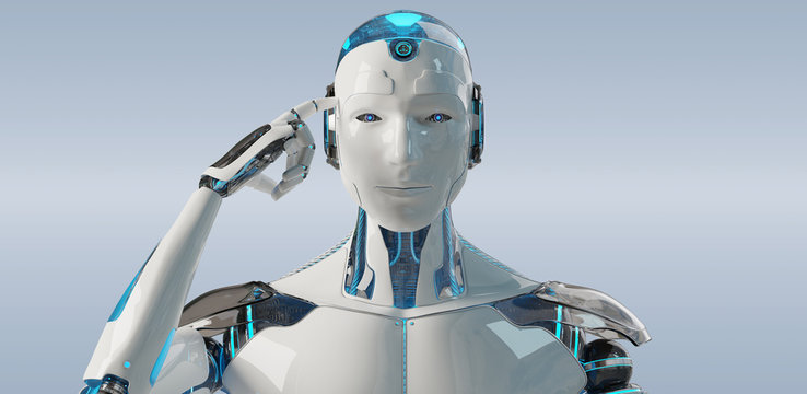 White male cyborg thinking and touching his head 3D rendering