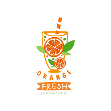 Abstract juice label with slices of juicy orange. Fresh summer beverage. Natural fruit drink. Hand drawn vector emblem