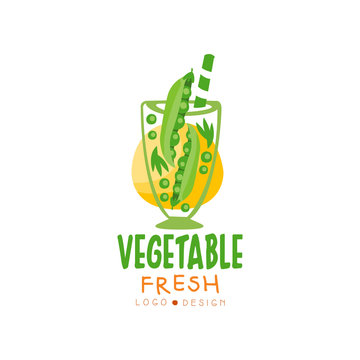 Colorful vector logo with organic drink from green pea. Glass of natural juice. Tasty beverage from fresh vegetable