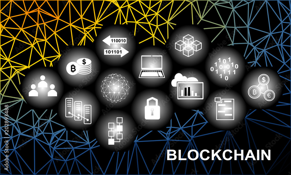 Poster vector illustration of blockchain concept with low poly background. connected hexagonal shapes.