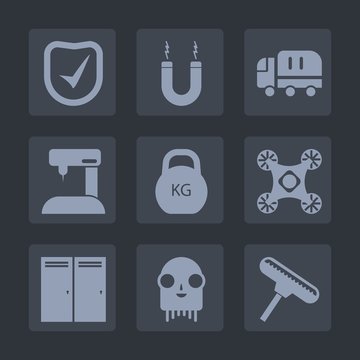Premium set of fill icons. Such as magnetic, space, ufo, monster, business, delivery, vehicle, fabric, entrance, tailor, heavy, drone, door, sign, alien, fashion, roller, brush, horseshoe, check, car