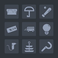Premium set of fill icons. Such as ticket, dentistry, agriculture, protection, pie, speed, transport, sport, bulb, drill, cake, energy, baseball, medical, harvest, plate, road, bus, sign, meteorology