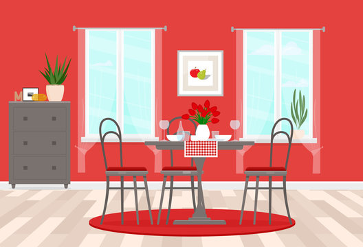Interior design of the dining room with gray furniture and red accents. Served table. Vector flat illustration.
