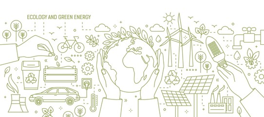 Monochrome banner with hands holding Earth and light bulb surrounded by wind and solar power stations, electric car, plants. Ecology and renewable energy. Vector illustration in line art style. © Good Studio