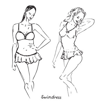 Portrait of sexy retro pin up girls in swimdress one and two pieces swimsuit with inscription, hand drawn outline doodle, sketch in pop art style, black and white vector illustration