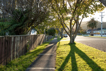 Fototapeta na wymiar Peaceful New Zealand Neighborhood At Sunset 
