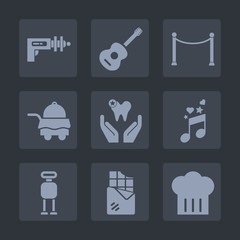 Premium set of fill icons. Such as concert, white, sweet, tray, fence, android, science, health, note, healthy, musical, cyborg, guitar, dental, graphic, future, food, technology, military, bedroom