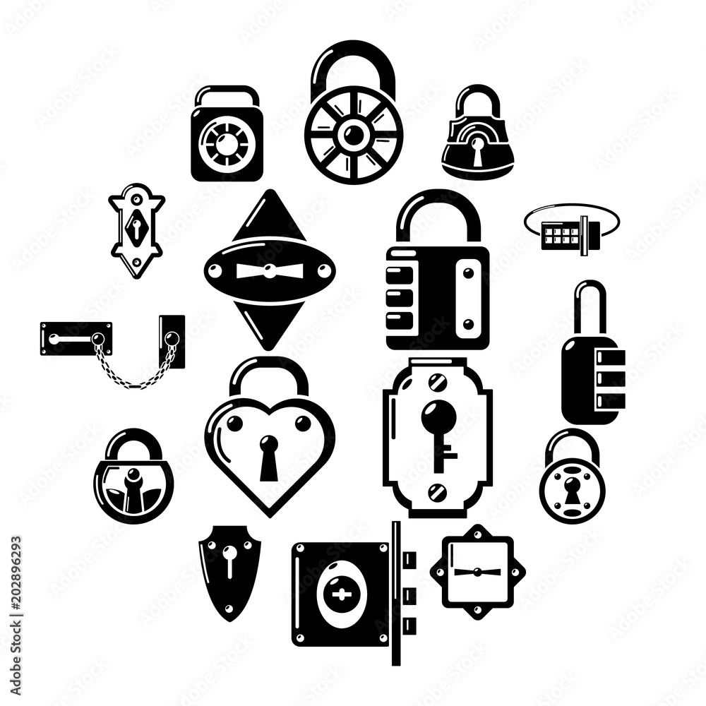 Poster lock door types icons set. simple illustration of 16 lock door types vector icons for web