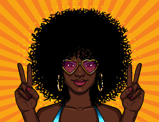 Vector colorful illustration of african american hippie woman in pink sunglasses over halftone yellow background. Girl with curly afro hairstyle at the party