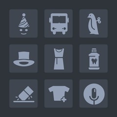 Fototapeta premium Premium set of fill icons. Such as funny, vehicle, costume, birthday, voice, toy, celebration, fashion, holiday, care, happy, cute, transportation, white, clown, clothes, party, sound, bus, penguin