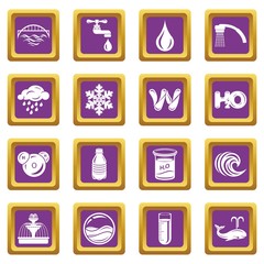 Water icons set vector purple square isolated on white background 