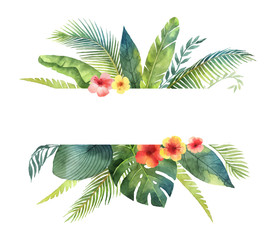 Watercolor vector banner tropical leaves and branches isolated on white background. - obrazy, fototapety, plakaty