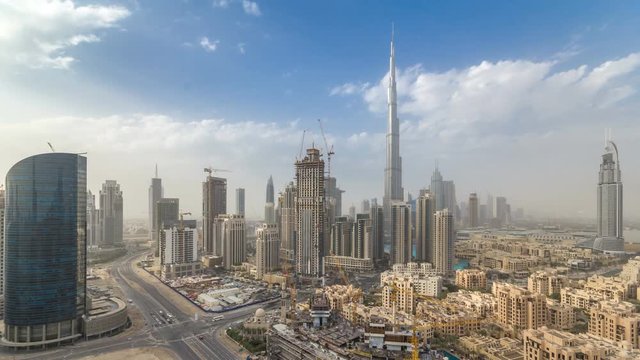 Beautiful luxury Dubai downtown aerial top view before sunset timelapse, Dubai, United Arab Emirates
