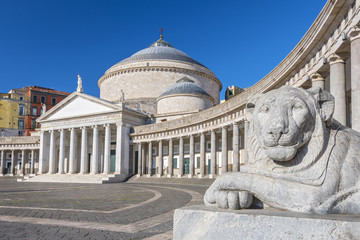 Stone lion at the Basilica di San Francesco di Paola in Piazza del Plebiscito, Naples, Campania, Italy.