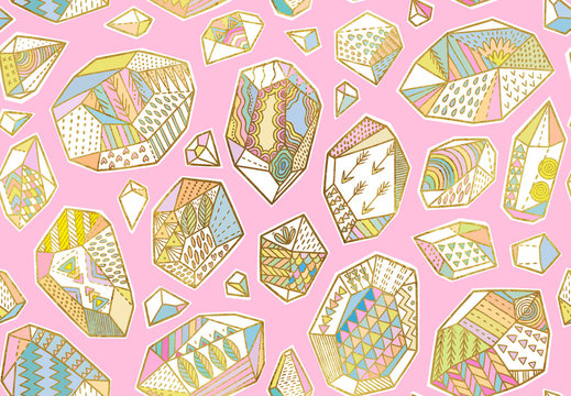 Seamless pattern of golden decorative minerals, crystals and gems with colorful ornaments