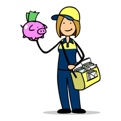 Briefträgerin mit Sparschwein in den Händen