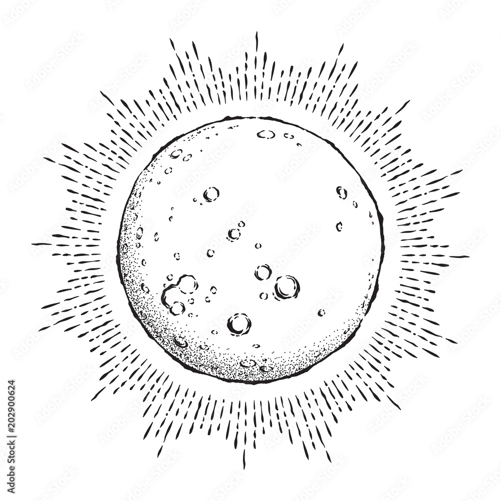 Wall mural antique style hand drawn line art and dot work full moon with rays of light. boho chic tattoo or pri