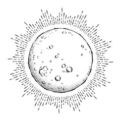 Antique style hand drawn line art and dot work full moon with rays of light. Boho chic tattoo or print design vector illustration. © croisy