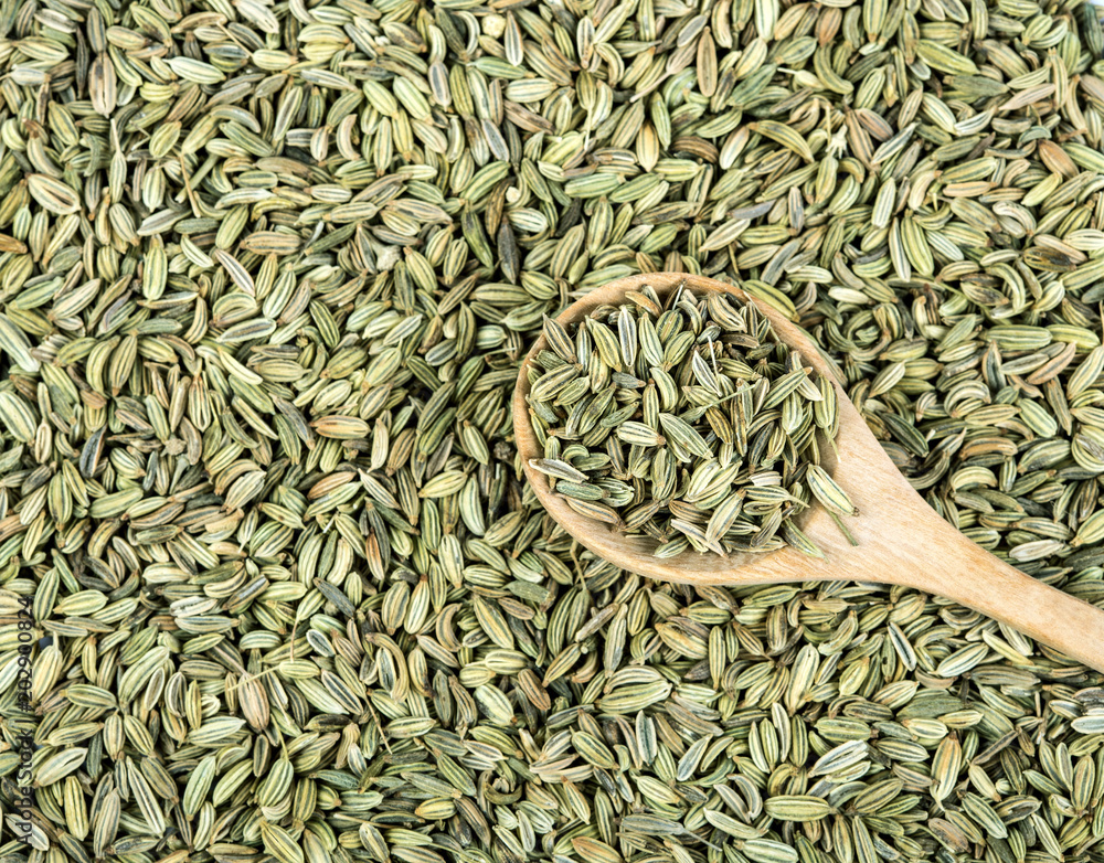 Wall mural close up fennel seed in wooden spoon