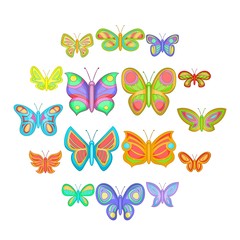 Naklejka na ściany i meble Butterfly fairy icons set. Cartoon illustration of 16 butterfly vector icons for web