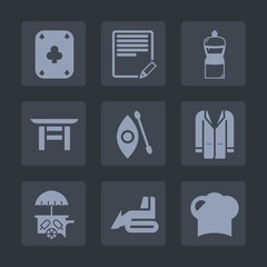 Premium set of fill icons. Such as cream, outfit, pen, activity, coat, kayak, equipment, restaurant, cleaner, food, housework, ice, shrine, sign, chef, construction, japan, machinery, casino, torii