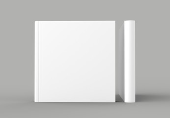 Square hard cover book mock up isolated on soft gray background. 3D illustrating.