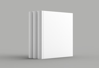 Square hard cover book mock up isolated on soft gray background. 3D illustrating.