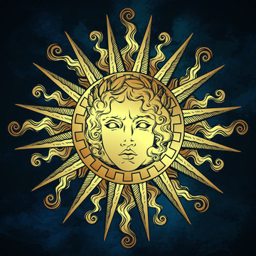 Hand drawn antique style sun with face of the greek and roman god Apollo over blue sky background. Flash tattoo or fabric print design vector illustration.