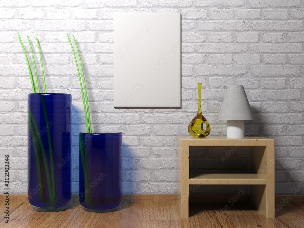 Poster vertical empty canvas hanging on the wall - 3d rendering
