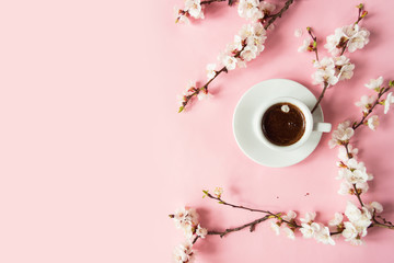 A cup of espresso and apricot blossoming branches on a pink background. Place for text. Flat lay. Creative layout