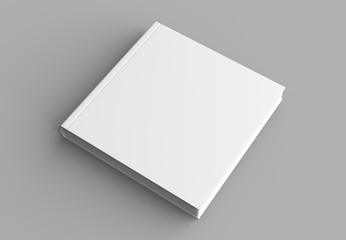 Square hard cover book mock up isolated on soft gray background. 3D illustrating.