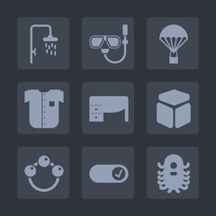 Premium set of fill icons. Such as baby, table, underwater, shirt, skydiving, ufo, parachute, white, office, extreme, snorkel, desk, jump, mask, shower, sport, sky, sea, snorkeling, water, toy, alien