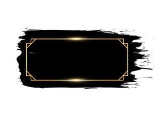 Black paint brush stroke background with golden glowing fire glitter effect frame, text box, ink splash, premium banner. 