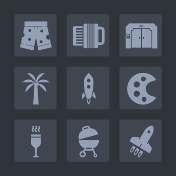 Premium set of fill icons. Such as arrow, food, musical, music, glass, barbecue, white, accordion, launch, up, artist, wear, brush, spaceship, wine, alcohol, color, rocket, bottle, palette, lift, red