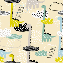 Childish seamless pattern with dino, clouds and rain. Scandinavian style. Summer childish background. Perfect for fabric, textile. Vector background. Pastel colors