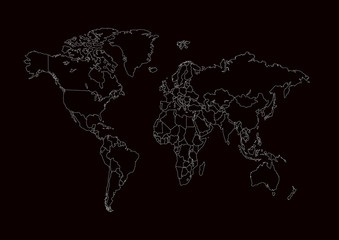 World map black dark white linees