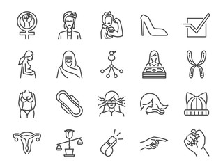 Feminist icon set. Included the icons as user feminine, girl power, pregnant women, feminism sign, woman salary, laws, body, rights and more