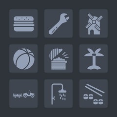 Premium set of fill icons. Such as coffee, game, nature, electricity, ball, tool, equipment, bath, chef, burger, turbine, windmill, fish, screwdriver, soccer, hamburger, salmon, wrench, truck, sport