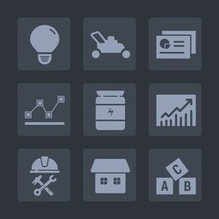 Premium set of fill icons. Such as grass, business, builder, construction, cut, stats, document, energy, data, report, idea, chart, trend, electricity, bar, lawnmower, light, graph, tool, illumination