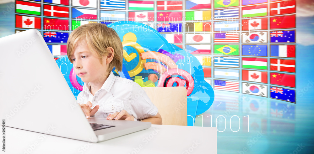 Aufkleber cute boy using laptop against composite image of cloud computing drawer