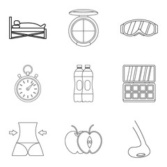 Old woman health icons set. Outline set of 9 old woman health vector icons for web isolated on white background