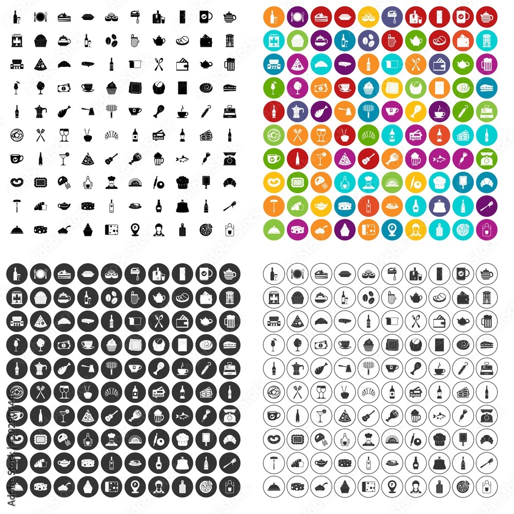 Poster 100 restaurant icons set vector in 4 variant for any web design isolated on white
