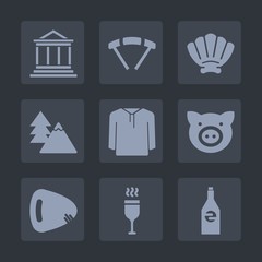 Premium set of fill icons. Such as shell, environment, swine, banking, forest, nature, musical, jump, liquid, parachuting, business, wine, clothing, concept, bottle, building, sign, seashell, marine
