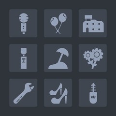 Premium set of fill icons. Such as singer, studio, beauty, palm, mascara, girl, music, equipment, wrench, floral, architecture, hammer, black, brush, microphone, nature, travel, sing, sea, high, water