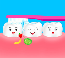 Obraz premium Happy cartoon tooth character with toothbrush. Remove food in human mouth. Dental care concept, Illustration.