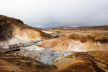 Mud pots are boiling, the ground is multicolored and cracked