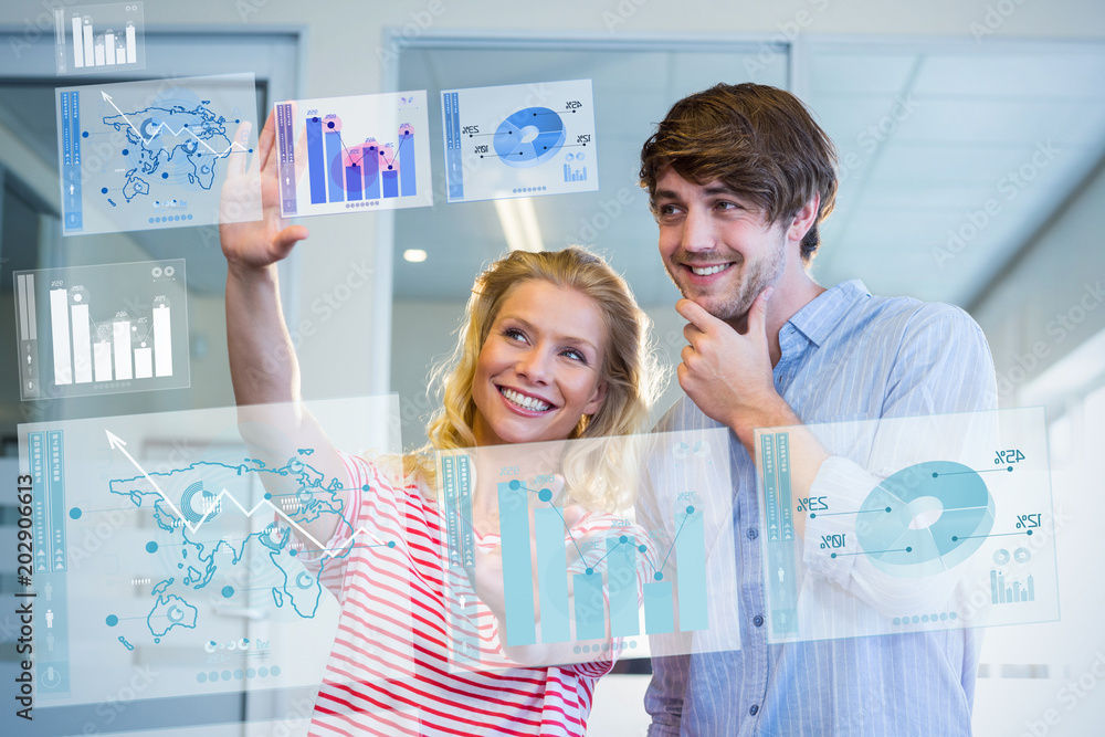 Aufkleber digitally generated image of pie chart and bar graph against pretty businesswoman doing frame with h