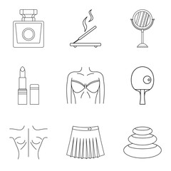 Woman healthcare icons set. Outline set of 9 woman healthcare vector icons for web isolated on white background