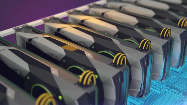 Seamlessly looping animation of crypto currency mining (Bitcoin, Ethereum, etc.) on GPU or ASIC hardware.