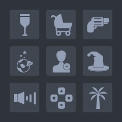 Premium set of fill icons. Such as gun, baby, volume, human, bottle, wineglass, restaurant, kid, firearm, wheel, person, alcohol, spaceship, sound, pistol, speaker, circus, technology, family, member
